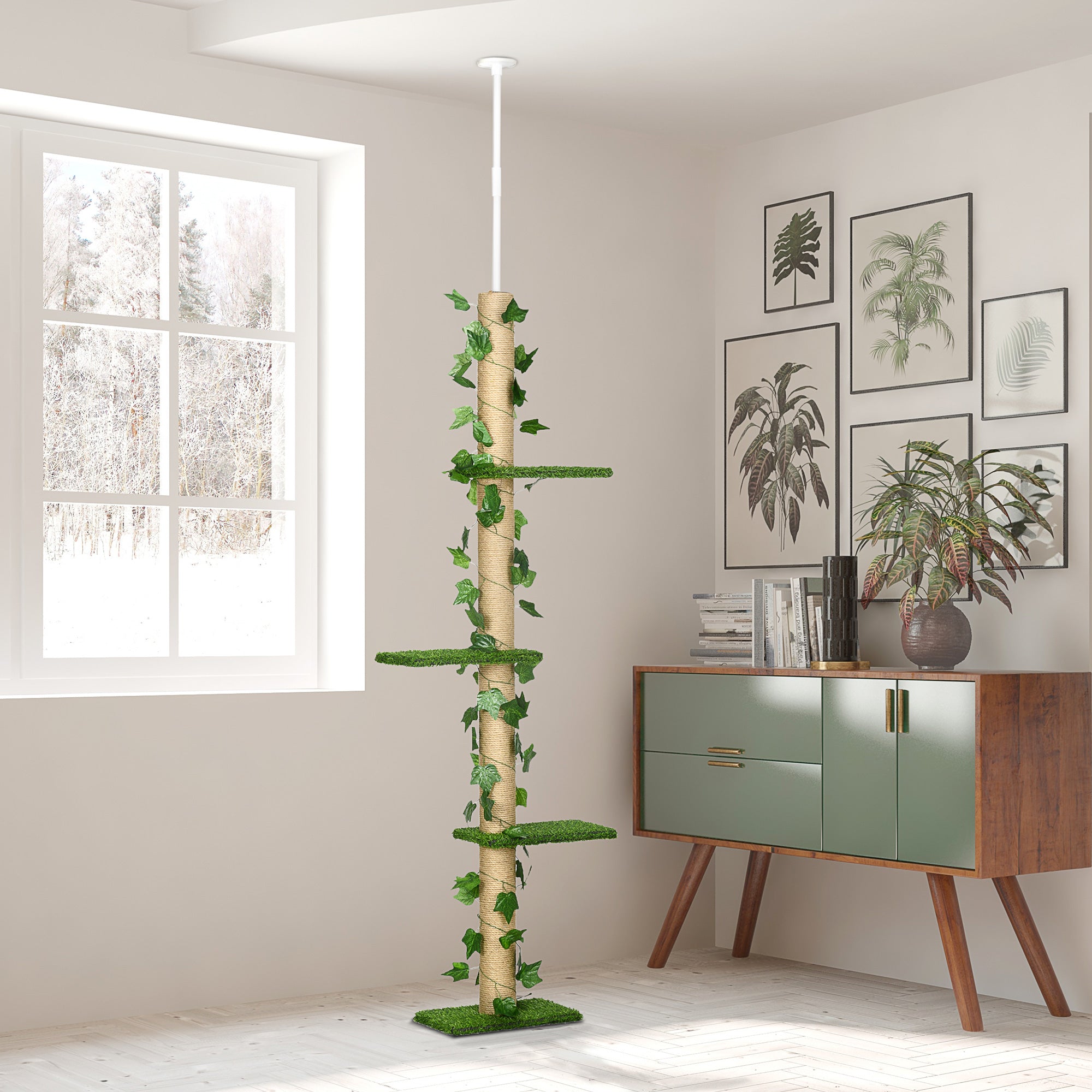 Cat Tree with Adjustable Tension Rod, 202-242 cm, Ceiling Mount, Green