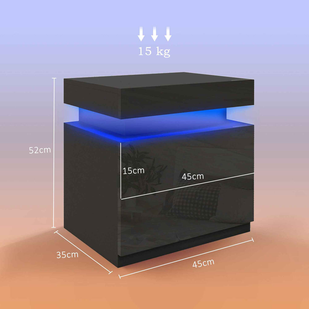 HOMCOM 16-Color LED Nightstand with 4 Modes and 2 Drawers, Wooden, 45x35x52 cm, Black
