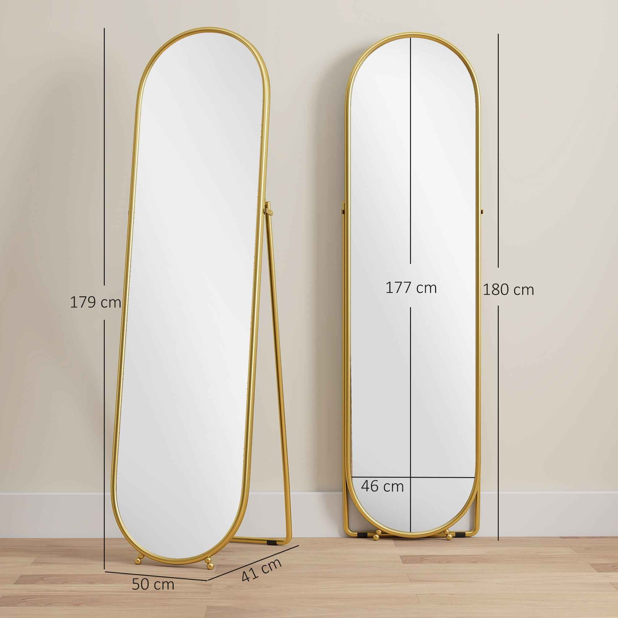 HOMCOM Full-Length Floor Mirror with Folding Stand, Glass and Metal, 50x4x180 cm, Gold