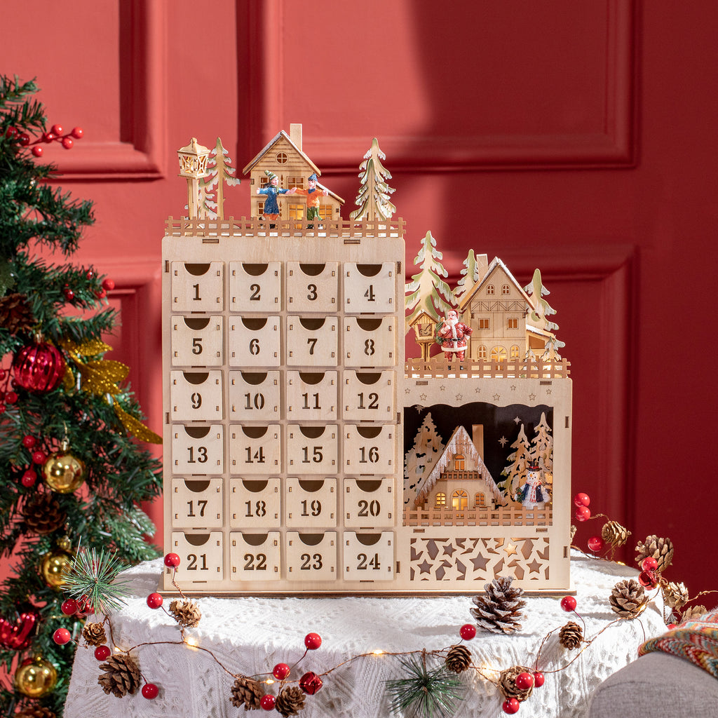 Rectangular Christmas Advent Calendar with Themed Patterns and 12 LED Lights, 22x9x30 cm, Plywood, Orange