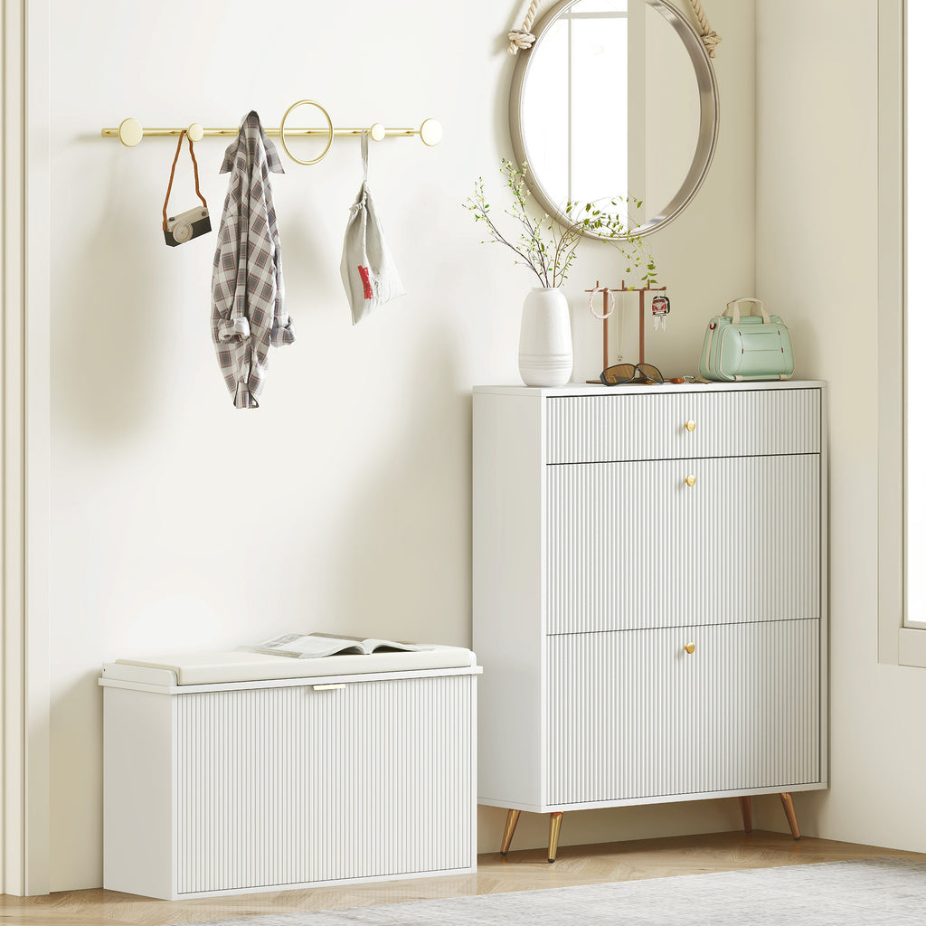 Shoe Bench with Internal Shelf, in Wood and Linen Effect Fabric, 80x26x47.5 cm, White and Beige