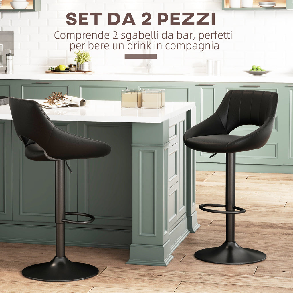 Set of 2 Bar Stools with Adjustable Height, Footrest and Swivel Seat in Faux Leather, Black