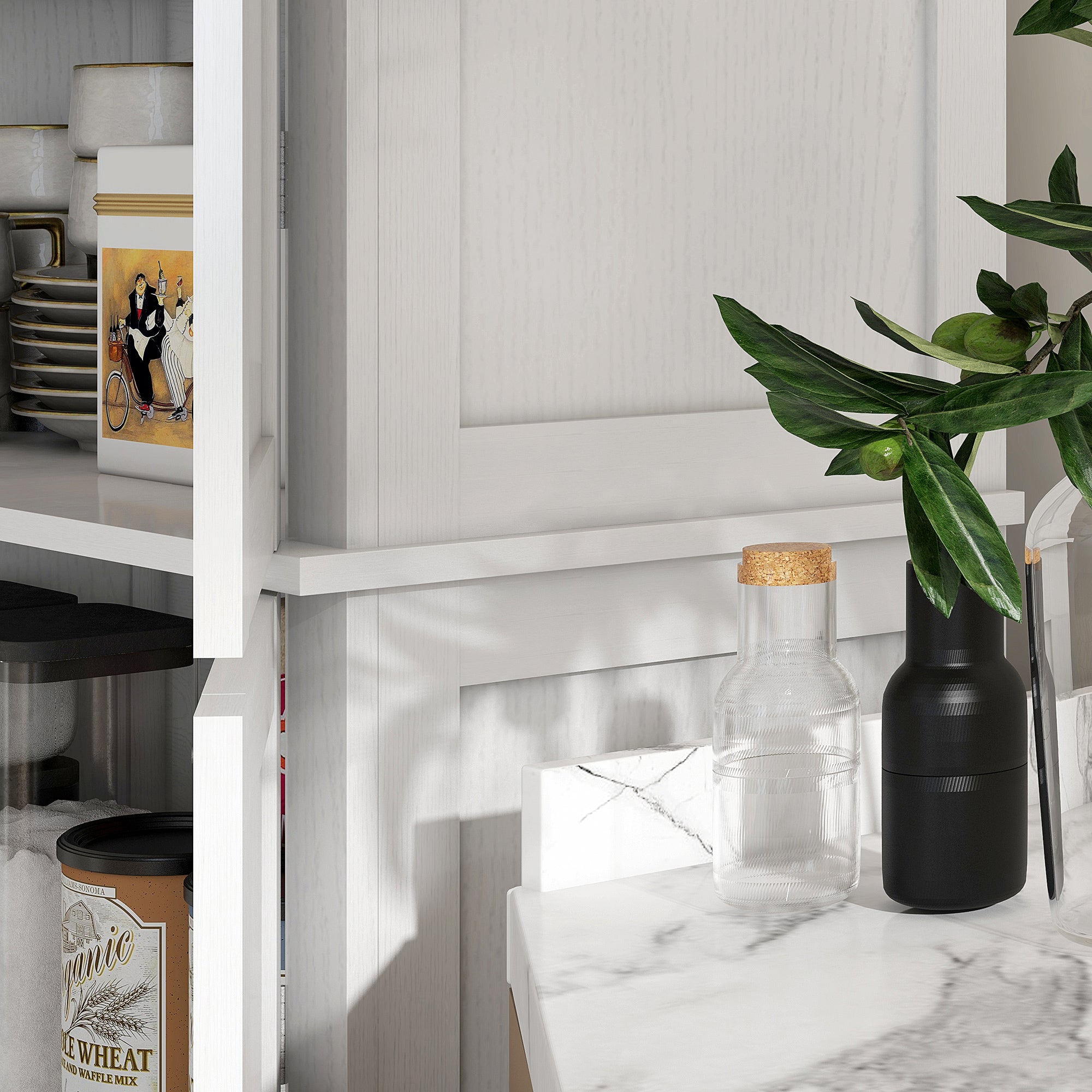 Tall Kitchen Cabinet with 6 Adjustable Shelves and 2 Wooden Doors, 76x40.5x184 cm, White