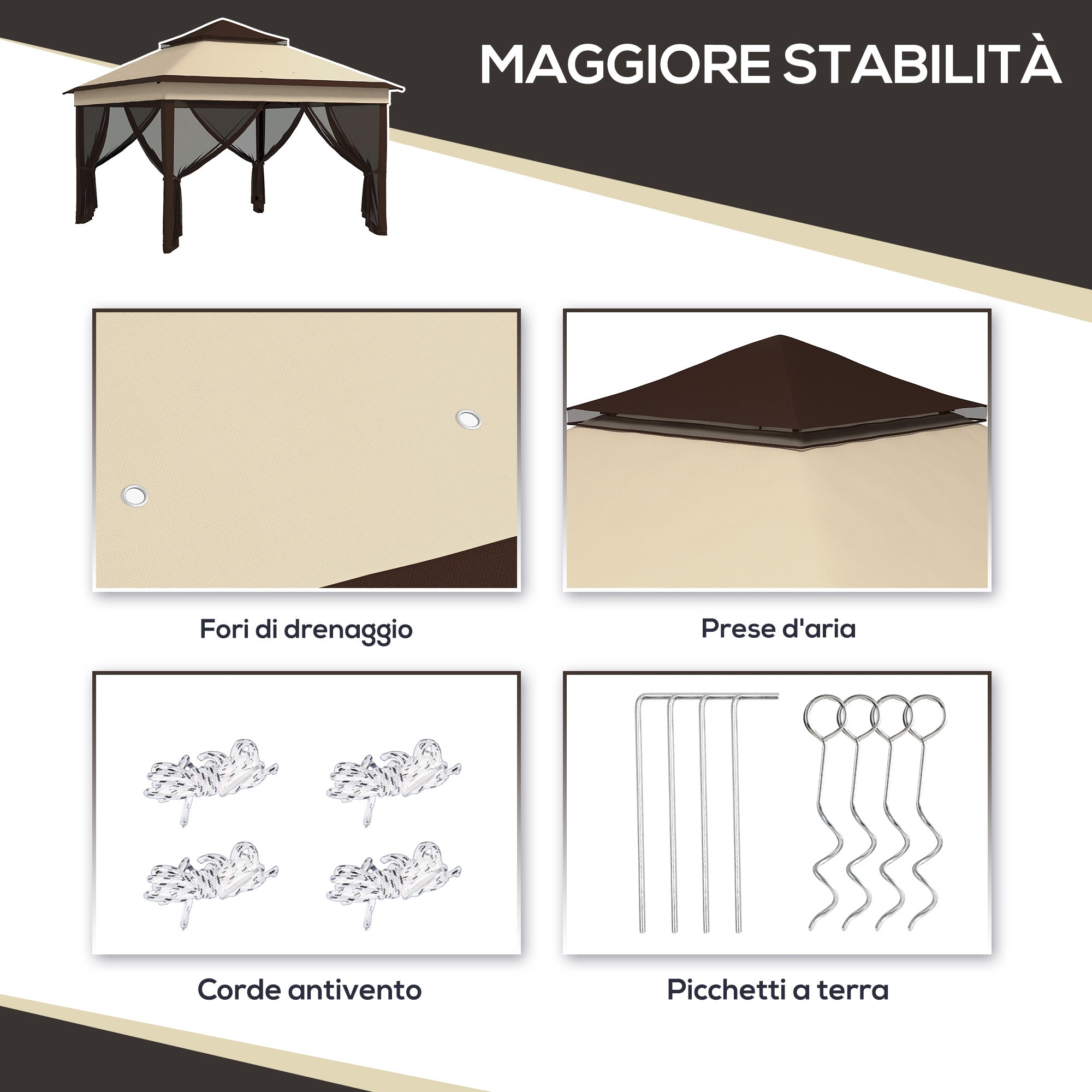 Outsunny Gazebo 3x3 adjustable on 3 levels with removable walls, in steel and Oxford fabric, coffee color and beige - Borgè