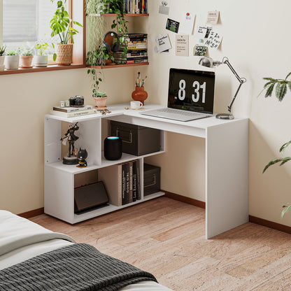 Modern Corner Office Desk with 4 Shelves in White Wood, 120x100x77 cm