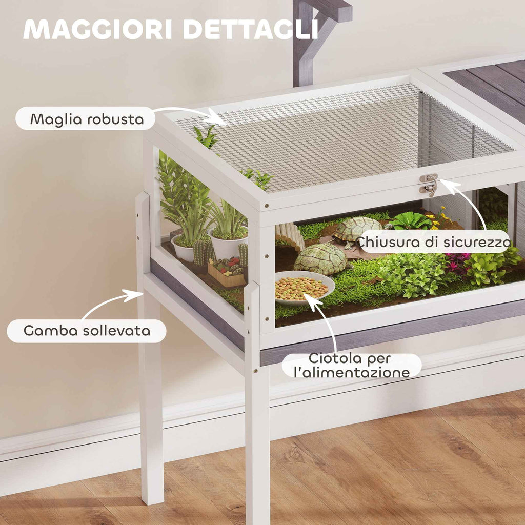 PawHut Raised Turtle House with Divider, Removable Tray, Made of Wood and PS, 104x53x82 cm, Grey and White