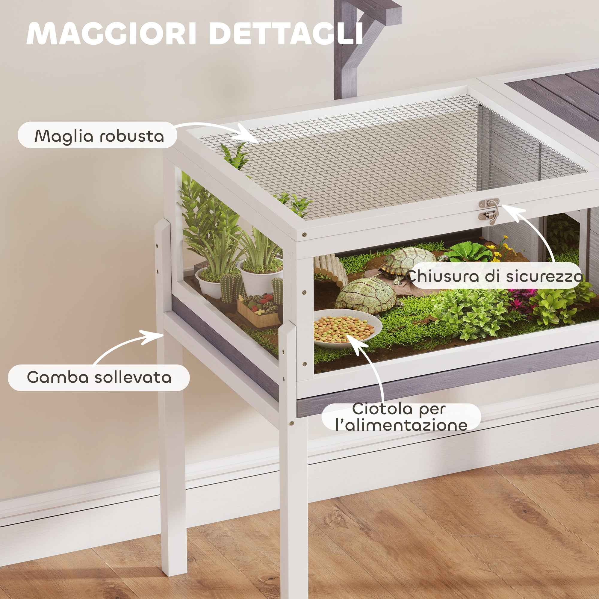 PawHut Raised Turtle House with Divider, Removable Tray, Made of Wood and PS, 104x53x82 cm, Grey and White