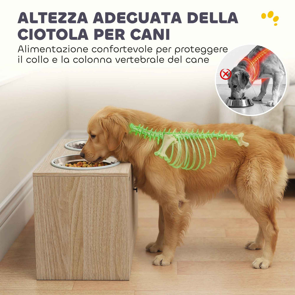 PawHut Dog Bowl Stand with 2 x 2L Stainless Steel Bowls and Lower Cabinet, Wooden, 60x30x35.5 cm, Oak