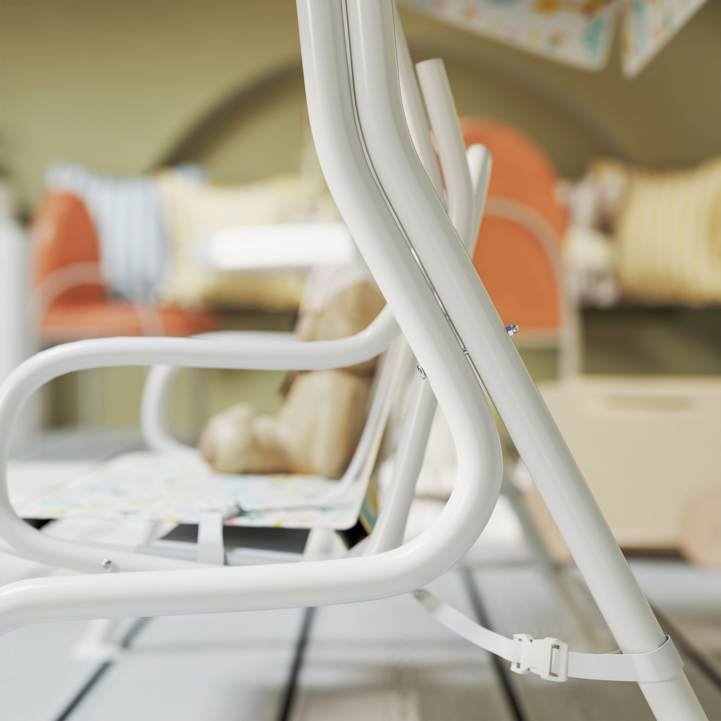 2-Seater Outdoor Children's Swing with Adjustable Canopy and Safety Belts, 112x75x120 cm, White2-Seater Outdoor Children's Swing with Adjustable Canopy and Safety Belts, 112x75x120 cm, White