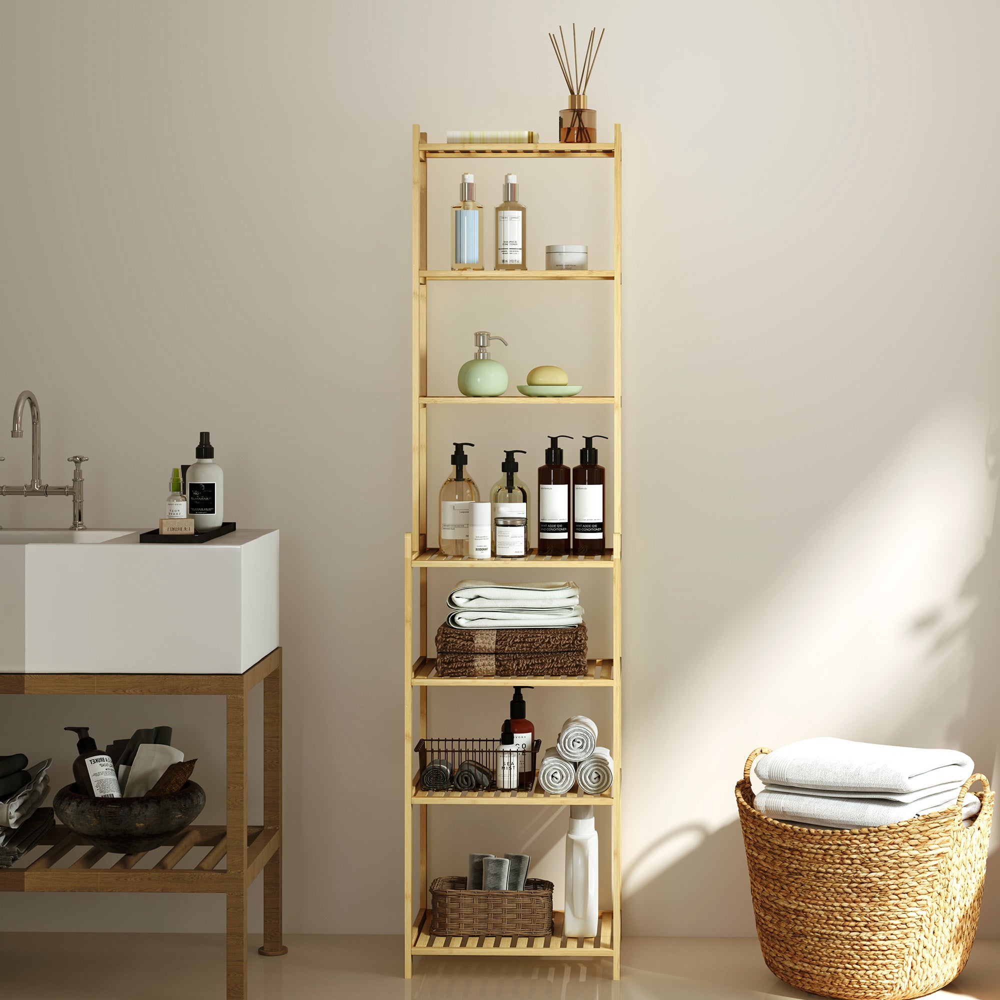 7-Tier Bathroom Shelf Unit Bamboo Storage Unit, 44x33x180 cm, Wood Color