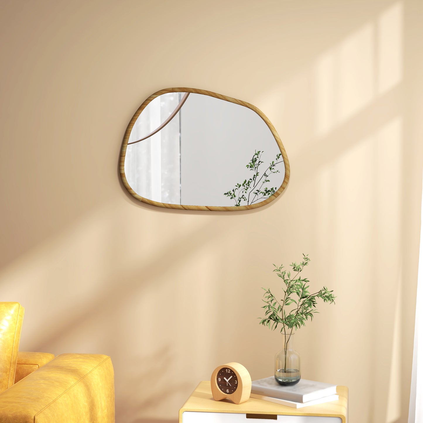 HOMCOM Modern Wall Mirror with Irregular Edges and Wooden Frame for Bedroom and Entrance, 70x50cm - Borgè