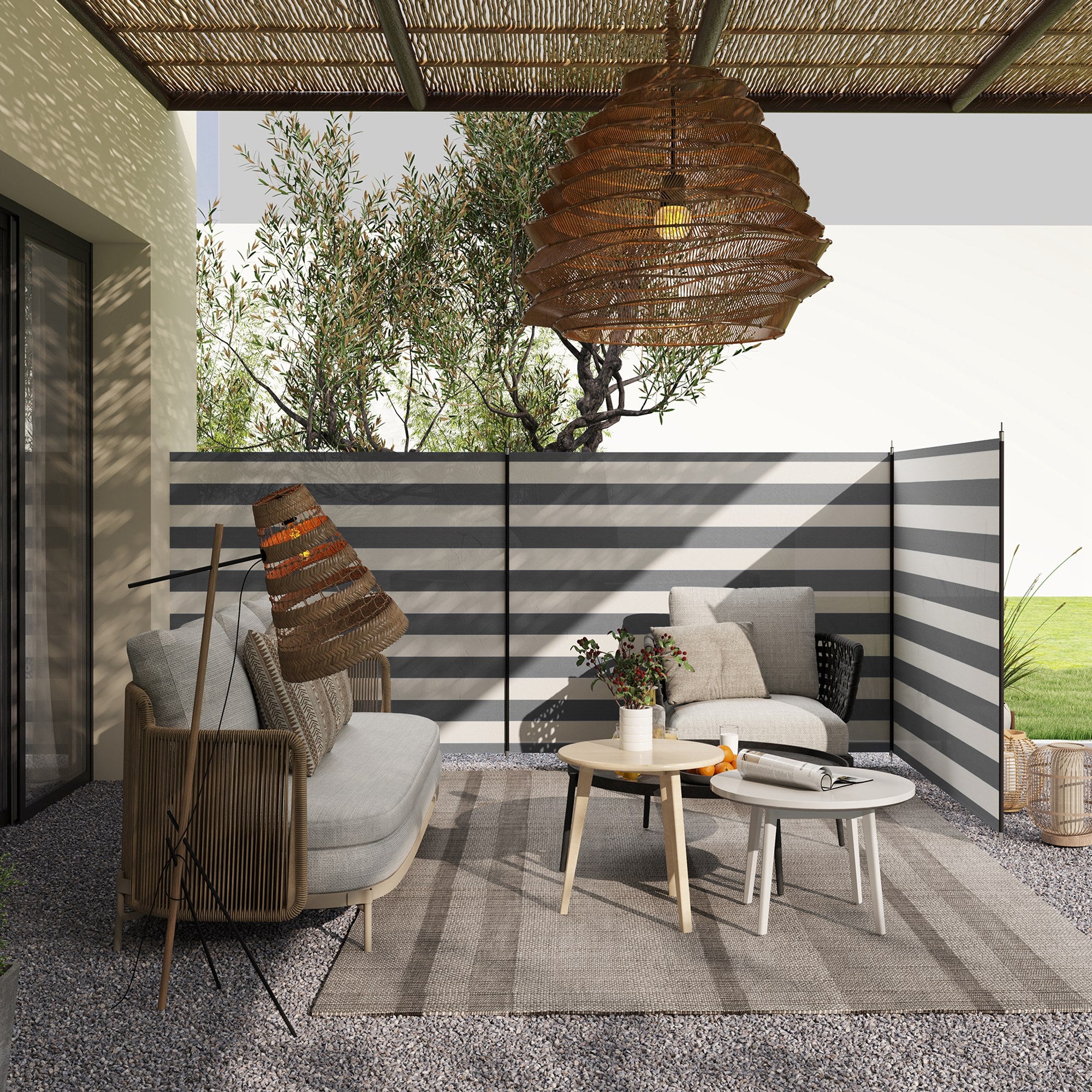 Folding Beach Screen Privacy Screen in Polyester with Steel Bars, 540x150 cm, Grey