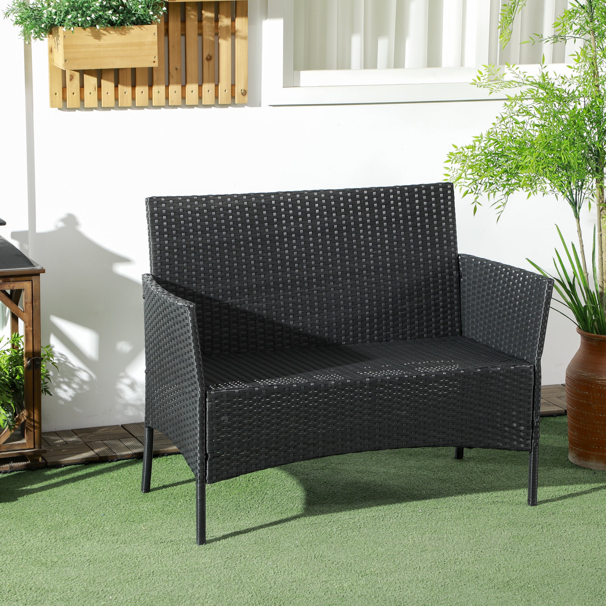Comfortable 2-Seater Garden Sofa: PE Rattan, Steel, Cushioned, Armrests - Black - Borgè