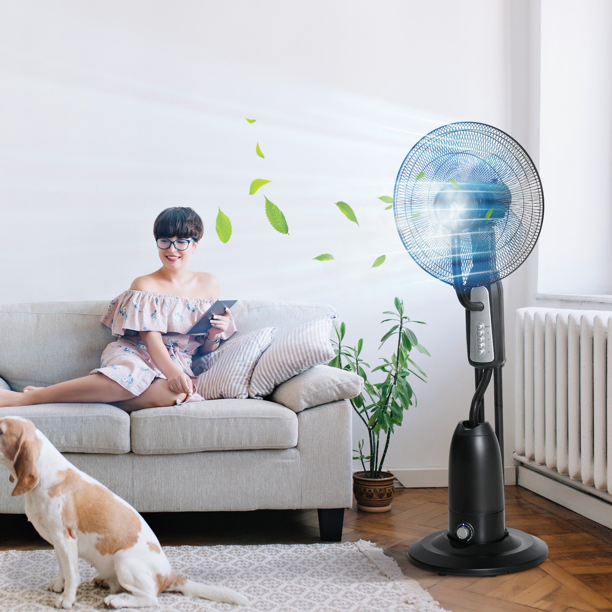 HOMCOM 90W Nebulizer Fan with 4 Wheels with 2.8L Tank and 4 Speeds, in Metal, PE and ABS, 44.5x38.5x120 cm - Borgè