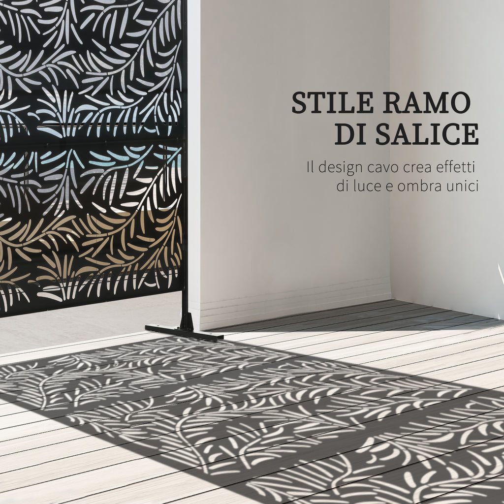 Outdoor Steel Screen with Willow Pattern and 2 Feet, 122x45x198 cm, Black