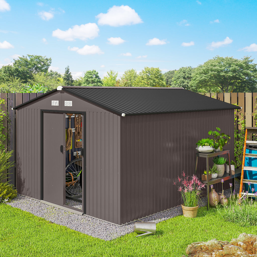 Garden Shed with 2 Sliding Doors and 4 Air Vents in Steel, 322x277x192 cm, Brown