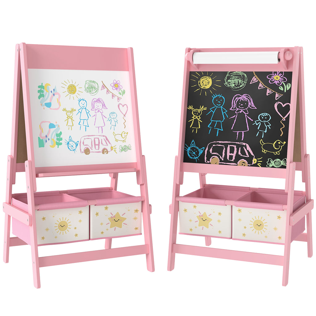 3-in-1 Children's Chalkboard with Easel, Paper Roll and 2 Baskets, Wooden, 54x46x94 cm, Pink