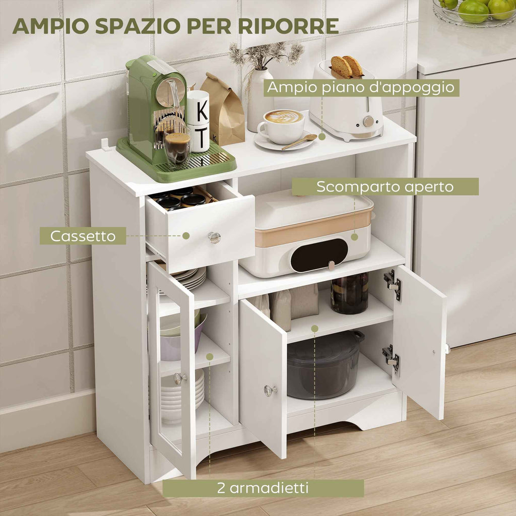 HOMCOM Sideboard Buffet with Open Compartment, Drawer, 3 Shelves and 2-Door Cabinet, Wooden, 80x30x82 cm, White