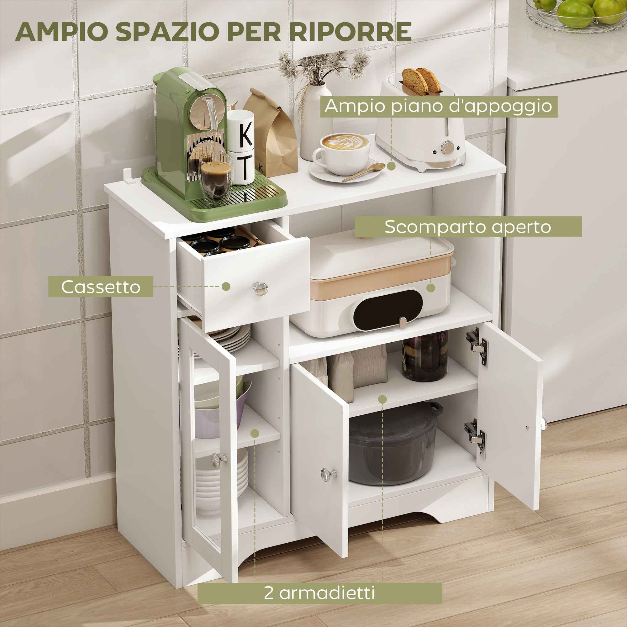 HOMCOM Sideboard Buffet with Open Compartment, Drawer, 3 Shelves and 2-Door Cabinet, Wooden, 80x30x82 cm, White