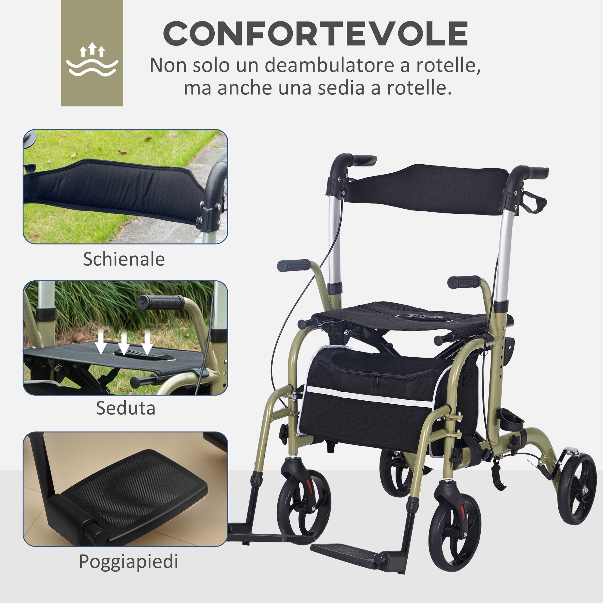 Folding Walker with Footrest and Bag, in Aluminum, PP and Polyester, 59x104x88-101 cm, Yellow and GreenFolding Walker with Footrest and Bag, in Aluminum, PP and Polyester, 59x104x88-101 cm, Yellow and Green