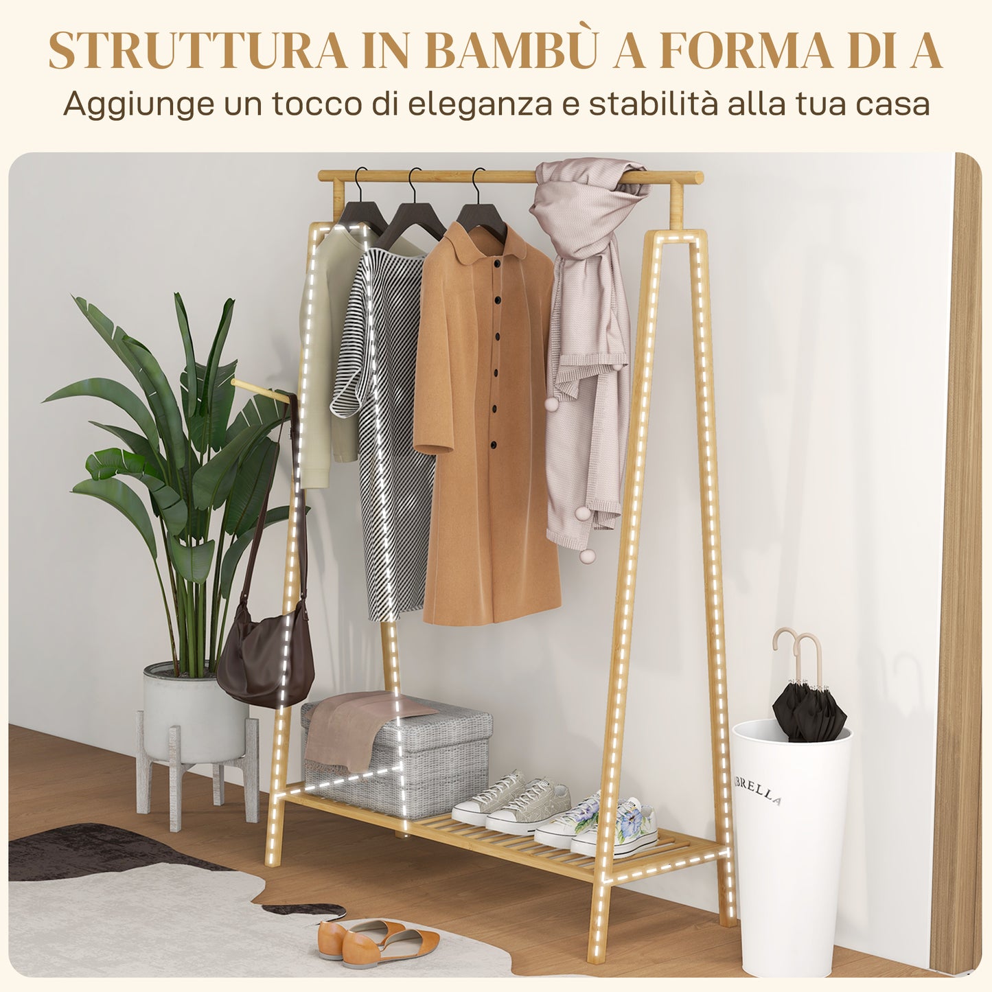 HOMCOM Bamboo Slatted Coat Rack with Side Hanger and Space for Shoes, 110x42x152 cm, Wood color - Borgè