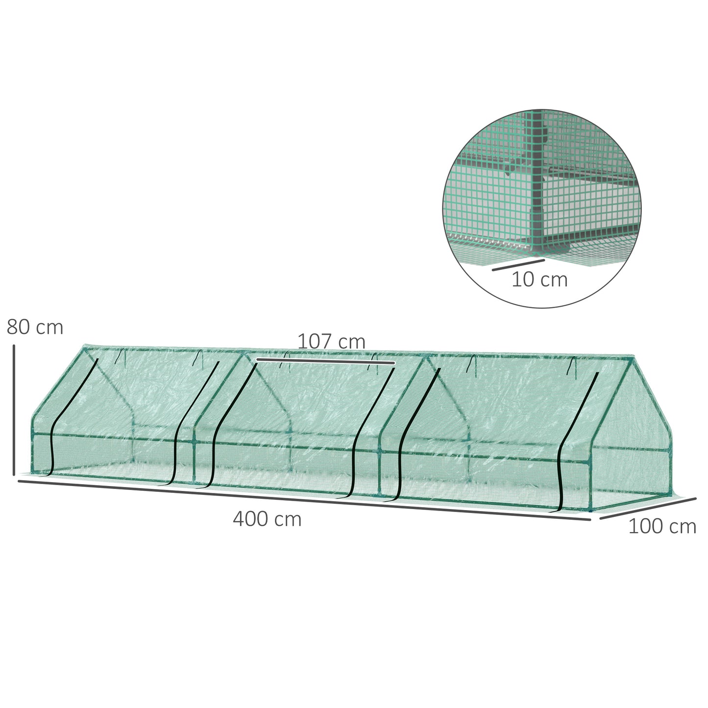 Mini Waterproof Plant Greenhouse with 3 Roll-Up Entrances, Steel & PE, 400x100x80 cm, Green