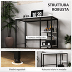 Desk with 2-Tier Bookshelf and Charging Sockets, in Wood and Metal, 100x50x75 cm, White and Black