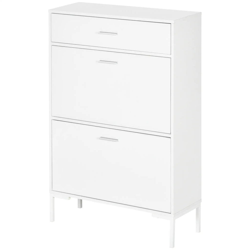 Modern Shoe Cabinet for 12 Pairs of Shoes with 2 Drop-Door and Drawer, 76x26x110 cm, White