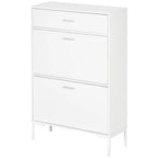 Modern Shoe Cabinet for 12 Pairs of Shoes with 2 Drop-Door and Drawer, 76x26x110 cm, White
