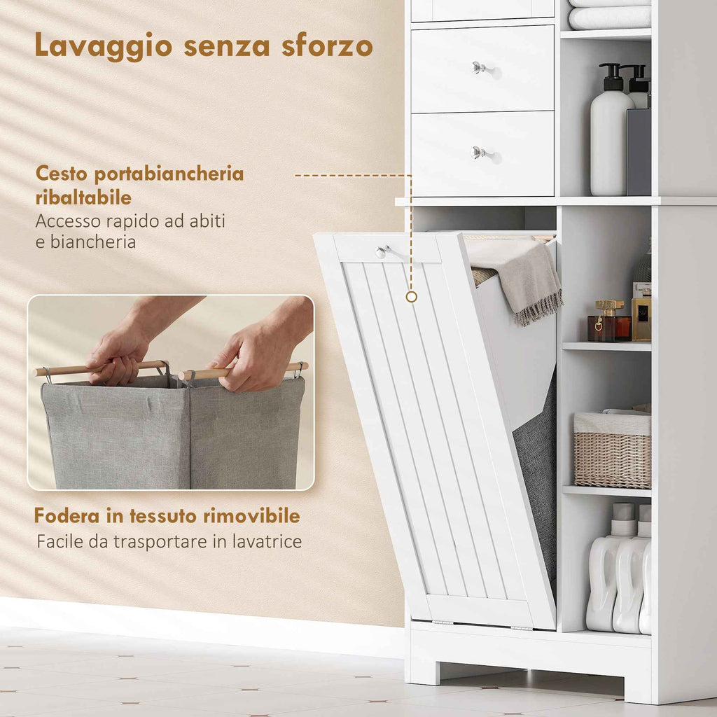 HOMCOM White Bathroom Cabinet, Tiltable Laundry Basket, Drawers
