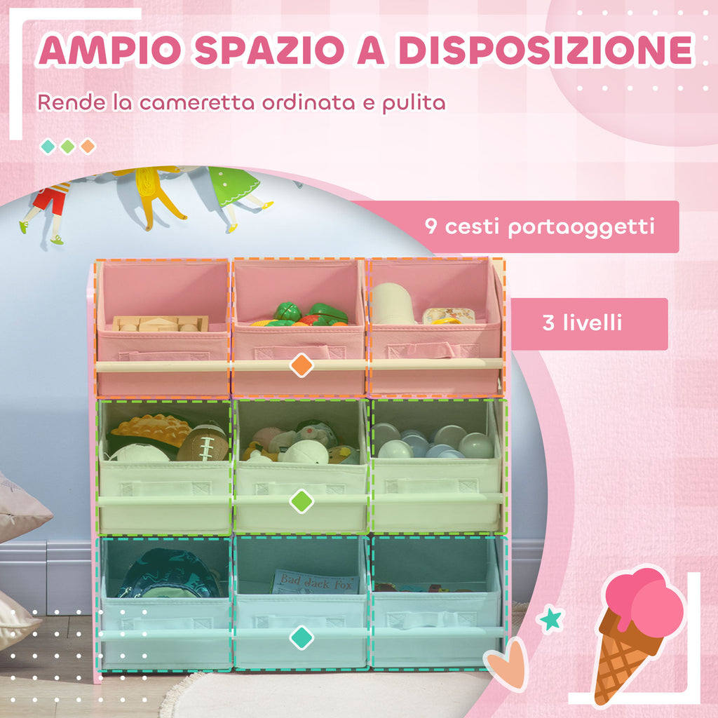 Toy Cabinet with 9 Removable Baskets in Wood and Fabric, 63x30x60 cm, Pink and White