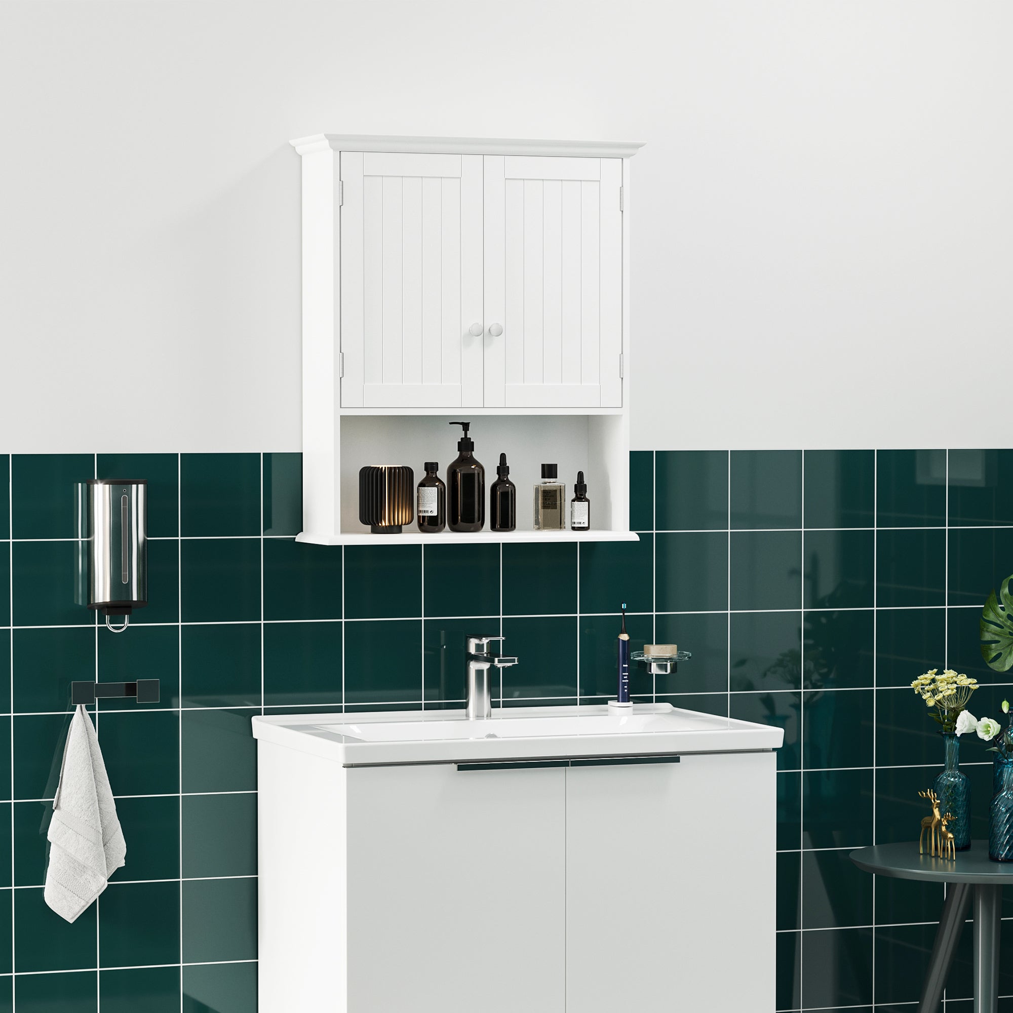 Wall-Mounted Bathroom Cabinet with 2 Doors and Open Shelf, Adjustable Internal Shelf, White