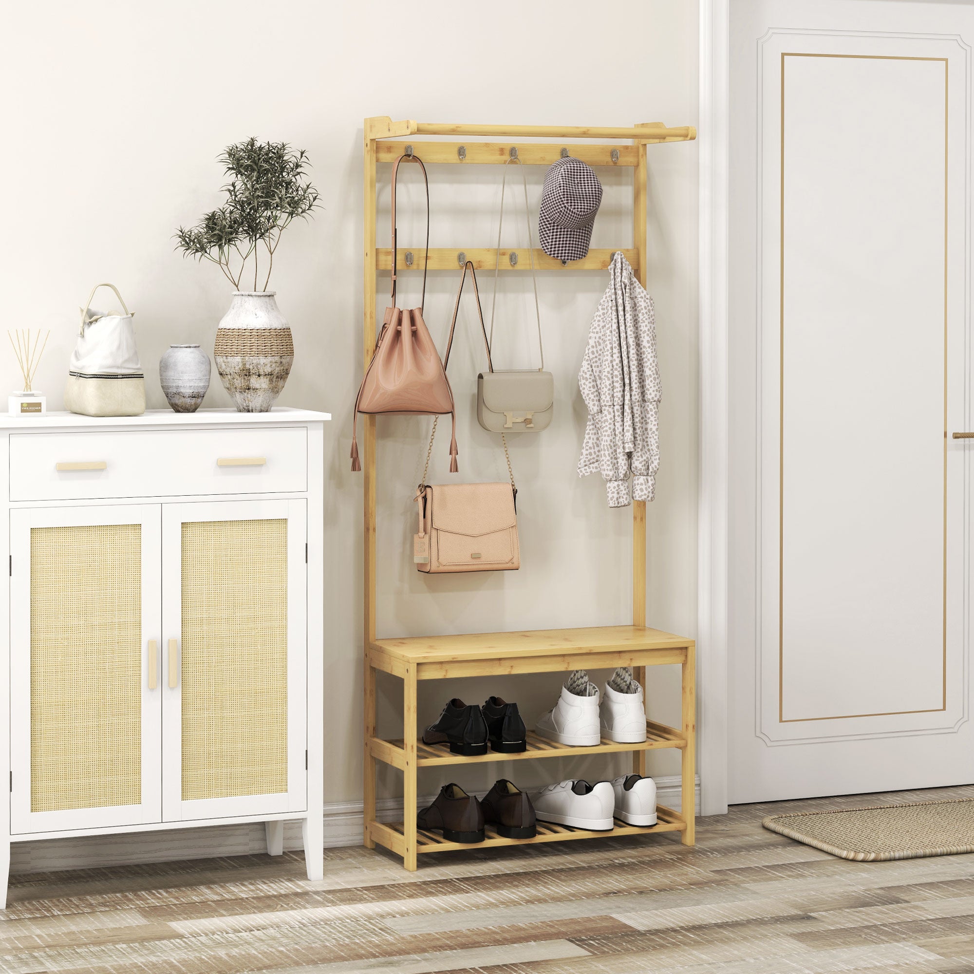 3 in 1 Bamboo Coat Rack with 10 Hooks, 2 Rods and Shoe Bench, 70x31x170 cm, Brown