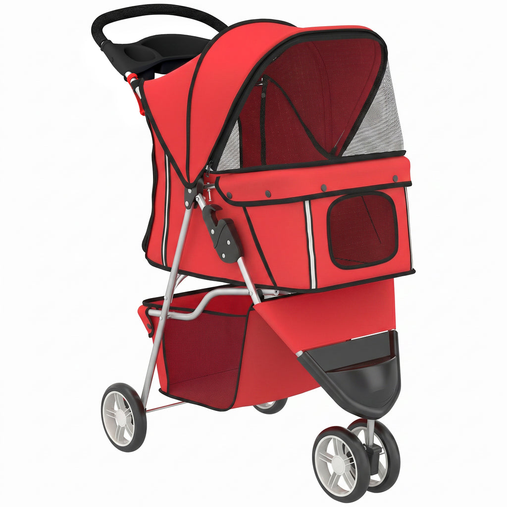 PawHut Foldable Dog Stroller with Cup Holder and Storage Basket, Red