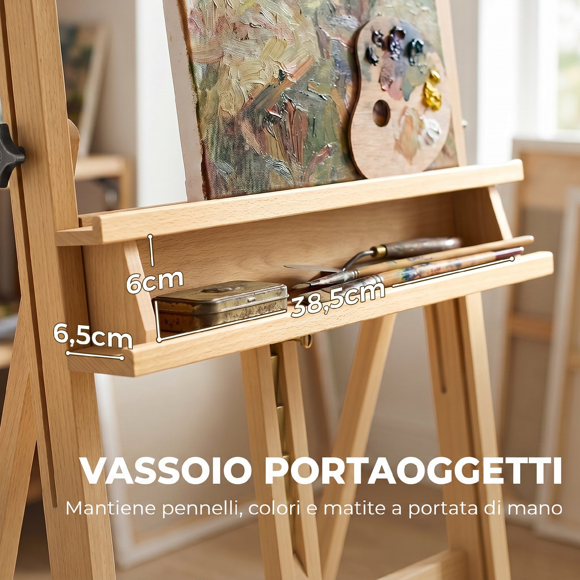 Vinsetto Folding Easel with Wheels, for Painting on Canvas, in Adjustable Beech, for Studio, Artists and Painters