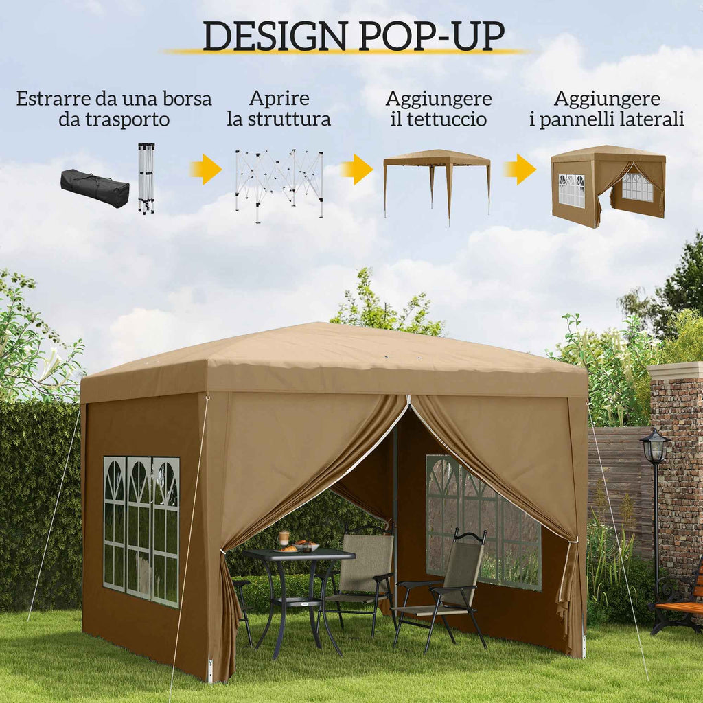 Outsunny 3x3m Folding Outdoor Gazebo with 4 Side Panels, Steel and Oxford Fabric, Khaki