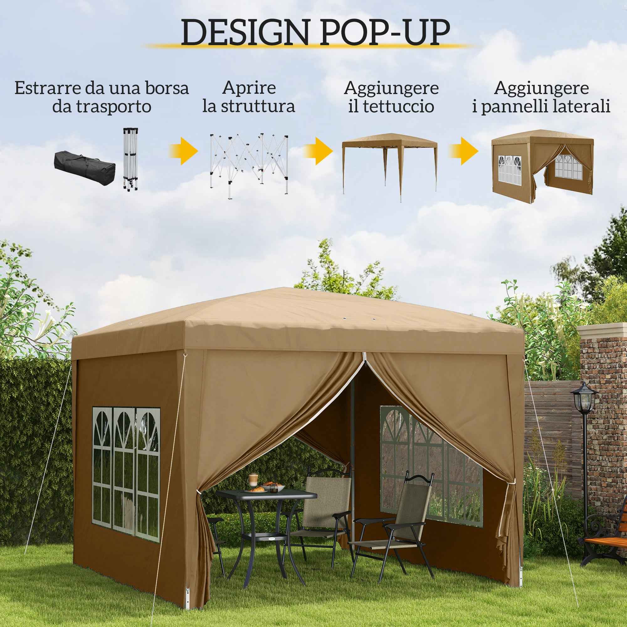 Outsunny 3x3m Folding Outdoor Gazebo with 4 Side Panels, Steel and Oxford Fabric, Khaki