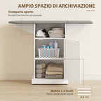 Folding Ironing Board with Wheels, Open Shelf and Cabinet, 121 x 37 x 89 cm, White and Grey