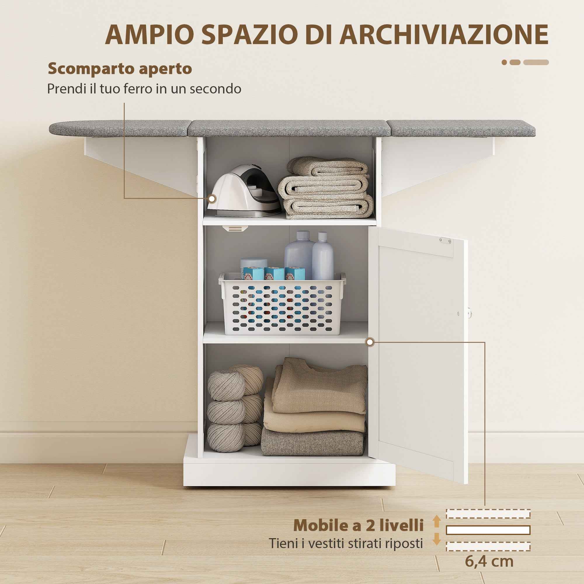 Folding Ironing Board with Wheels, Open Shelf and Cabinet, 121 x 37 x 89 cm, White and Grey