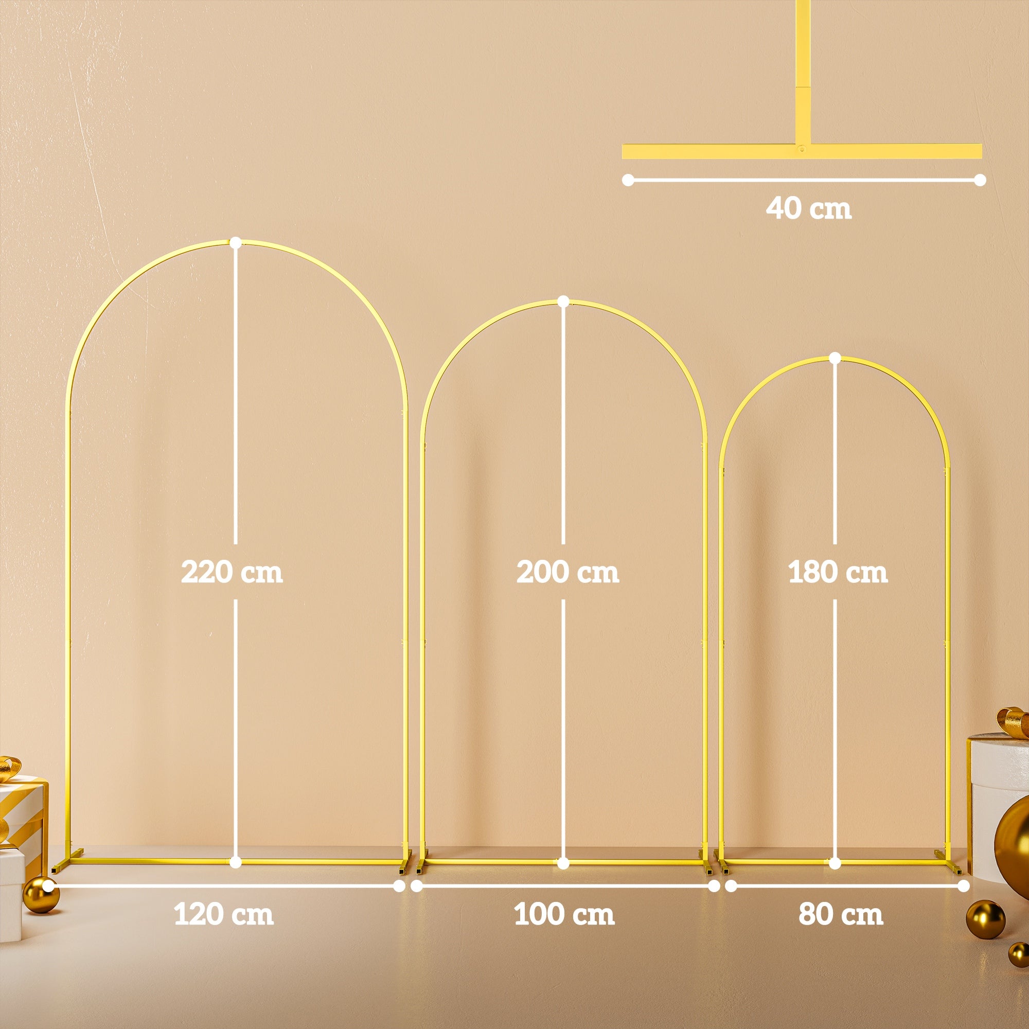 Set of 3 Garden Arches 1.8m, 2m, and 2.2m, Decorative Metal Arches, Gold Color