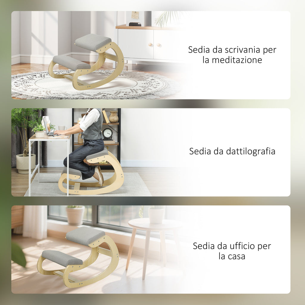 Ergonomic Kneeling Chair with Reclining Function, in Linen and Wood Effect Fabric, 55x85x55 cm, Light Grey