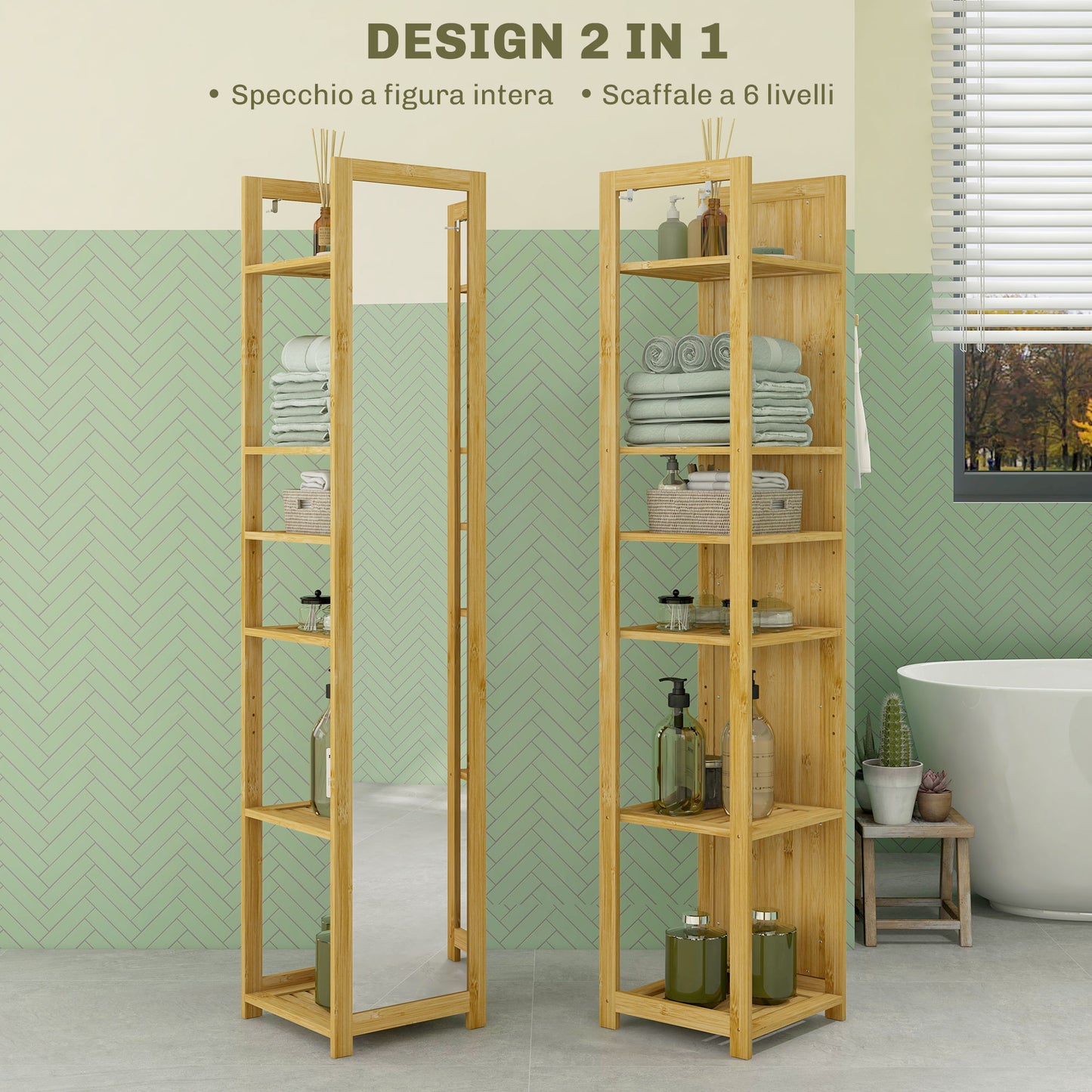 Bathroom Shelf with Mirror and 6 Bamboo Slatted Shelves, 35x35x168cm, Wood Color