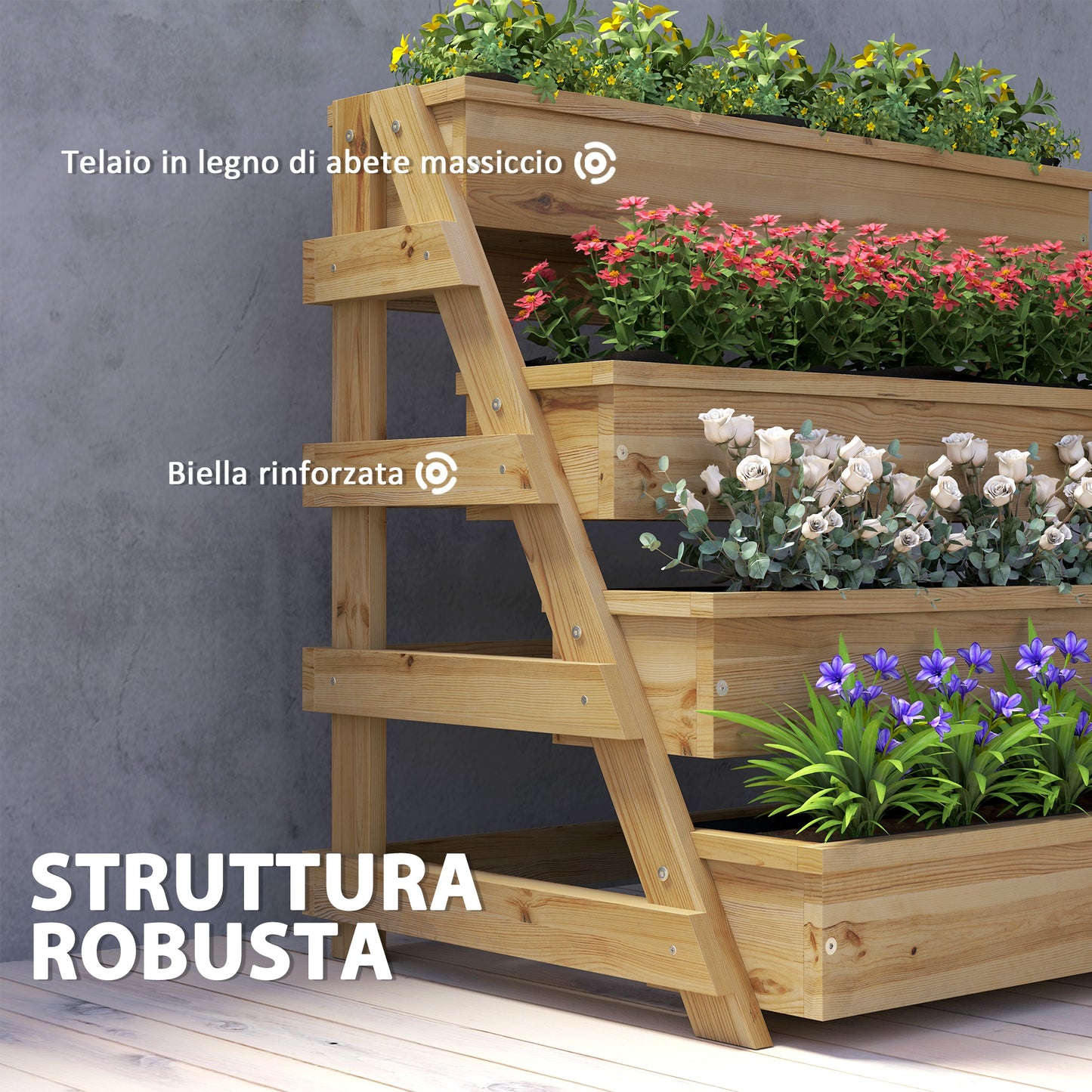 4 Tier Raised Planter with Drainage Holes and Non-Woven Fabric, Fir Wood, 75x57x60.5 cm