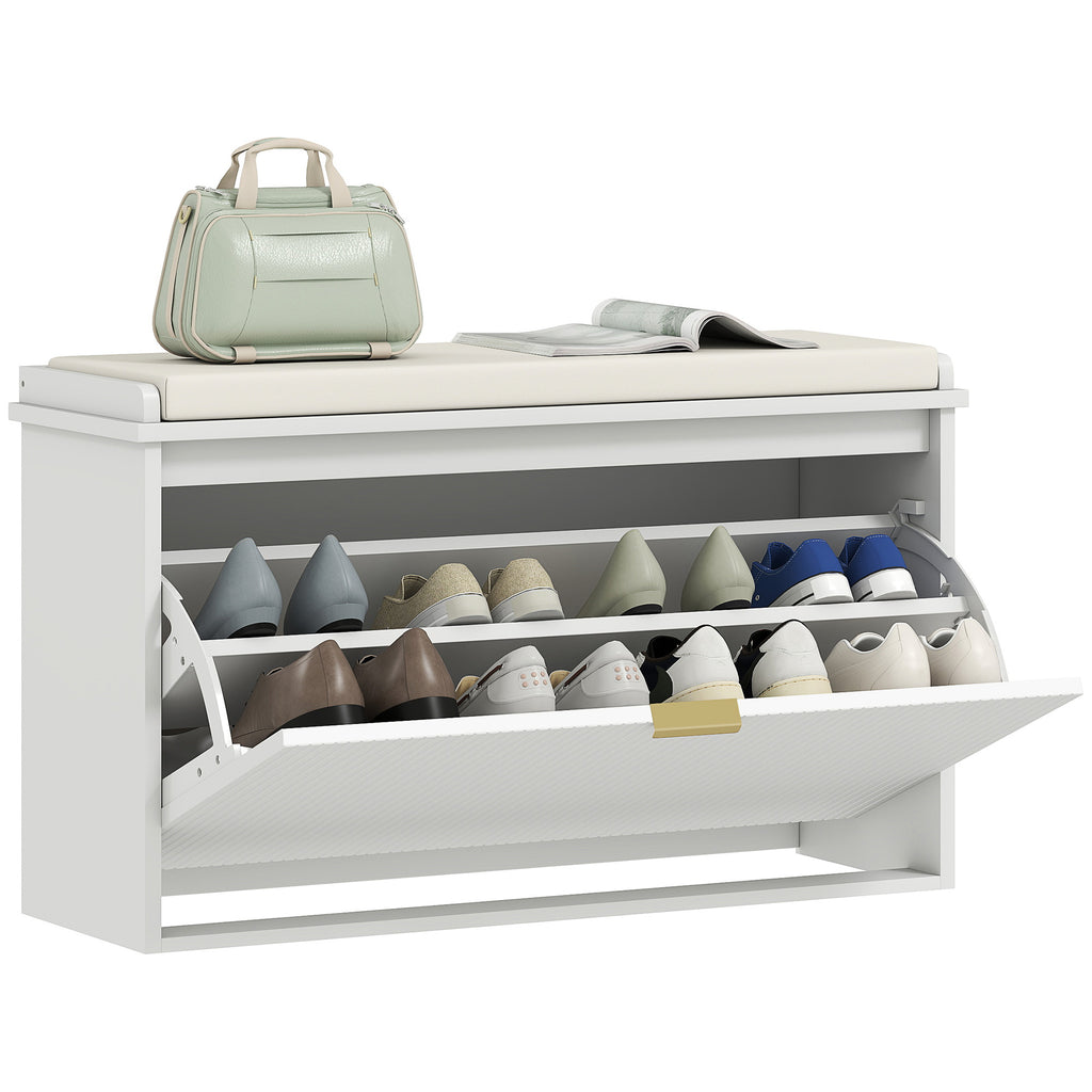 Shoe Bench with Internal Shelf, in Wood and Linen Effect Fabric, 80x26x47.5 cm, White and Beige
