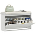 Shoe Bench with Internal Shelf, in Wood and Linen Effect Fabric, 80x26x47.5 cm, White and Beige