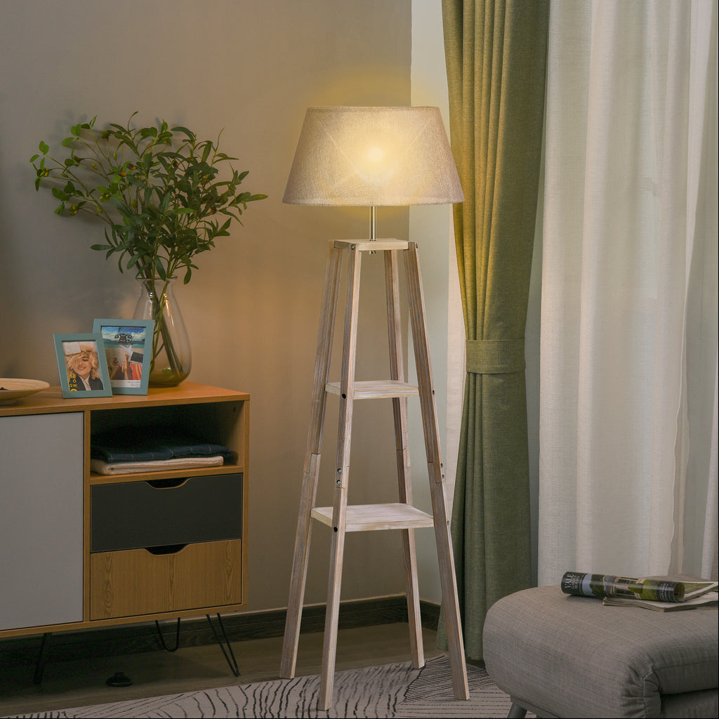 Homcom wooden ground lamp with 3 shelves and fabric lampshade, 45x45x148cm, gray - Borgè