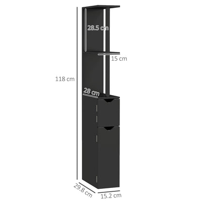 Bathroom Column with 2 Shelves and 2 Cabinets, Space-Saving Tall Cabinet 15.2x29.8x118 cm, Black