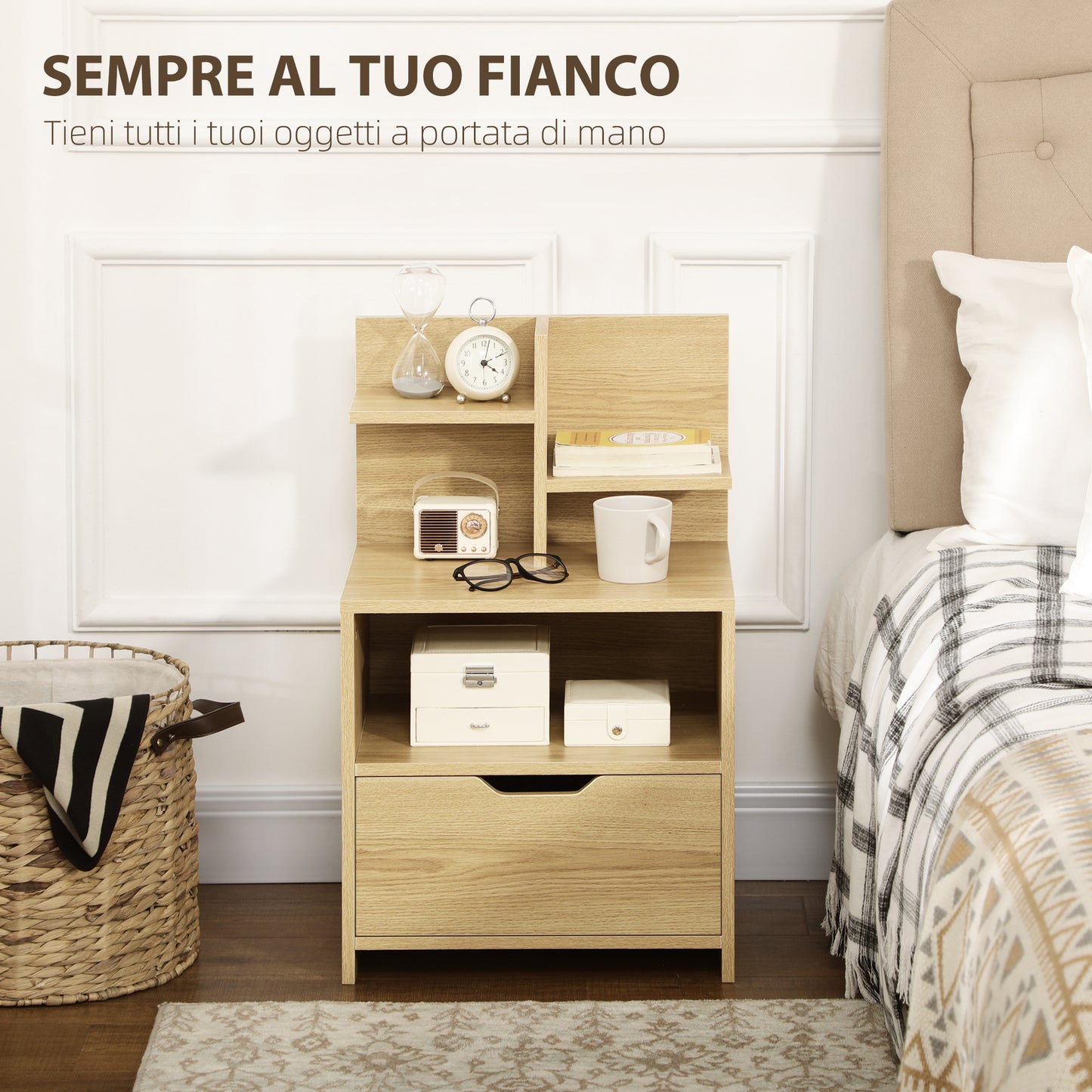 Bedside Table with 2 Open Shelves and Drawer in Chipboard for Bedroom and Living Room, 45x35x73 cm