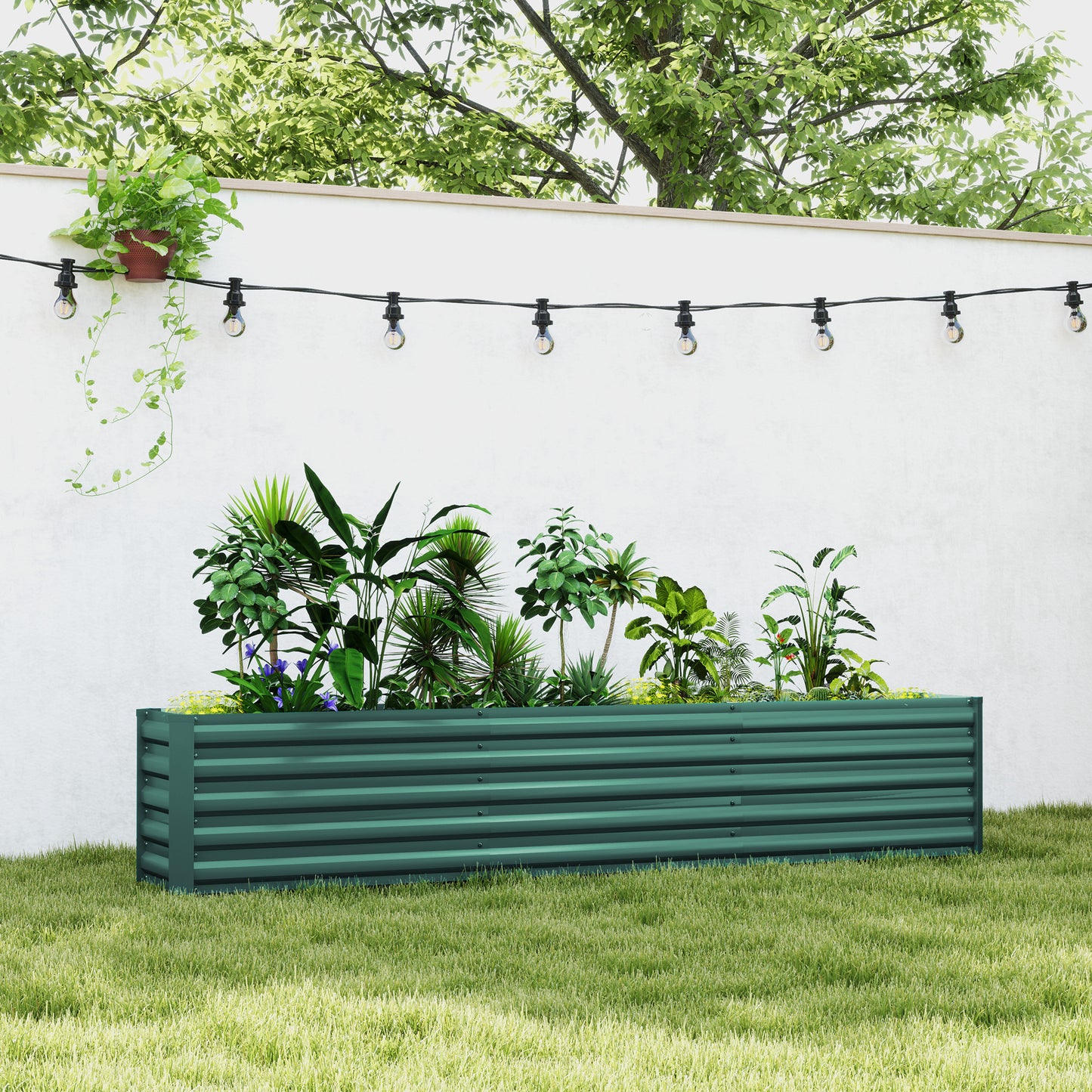 Open Bottom Vegetable Garden Bed with Rounded Edges in Galvanized Steel, 240x40x45 cm, Green