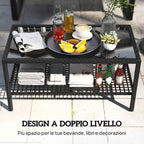 Outsunny 2-Tier Coffee Table with Tempered Glass Top and Shelf, Steel and Rattan, 92x50x45 cm, Black